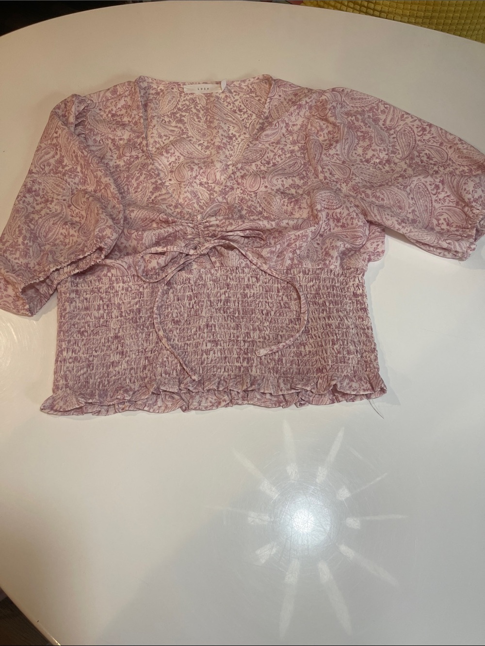 Lush Pink Paisley Smocked Waist Tie-Front Blouse
